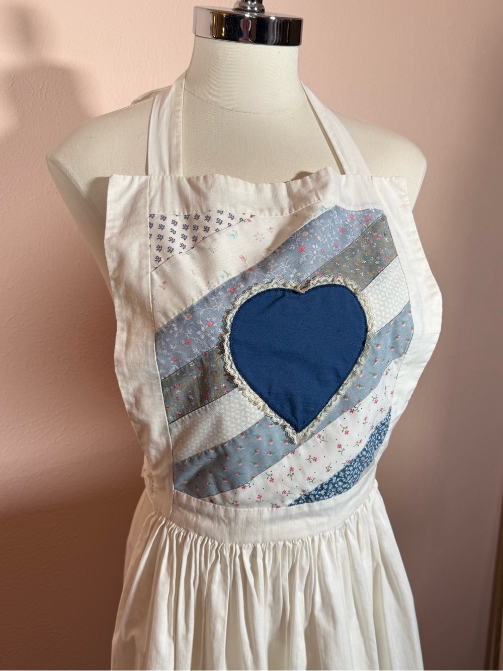 Handmade cottagecore Quilted Blue white ruffled Heart apron